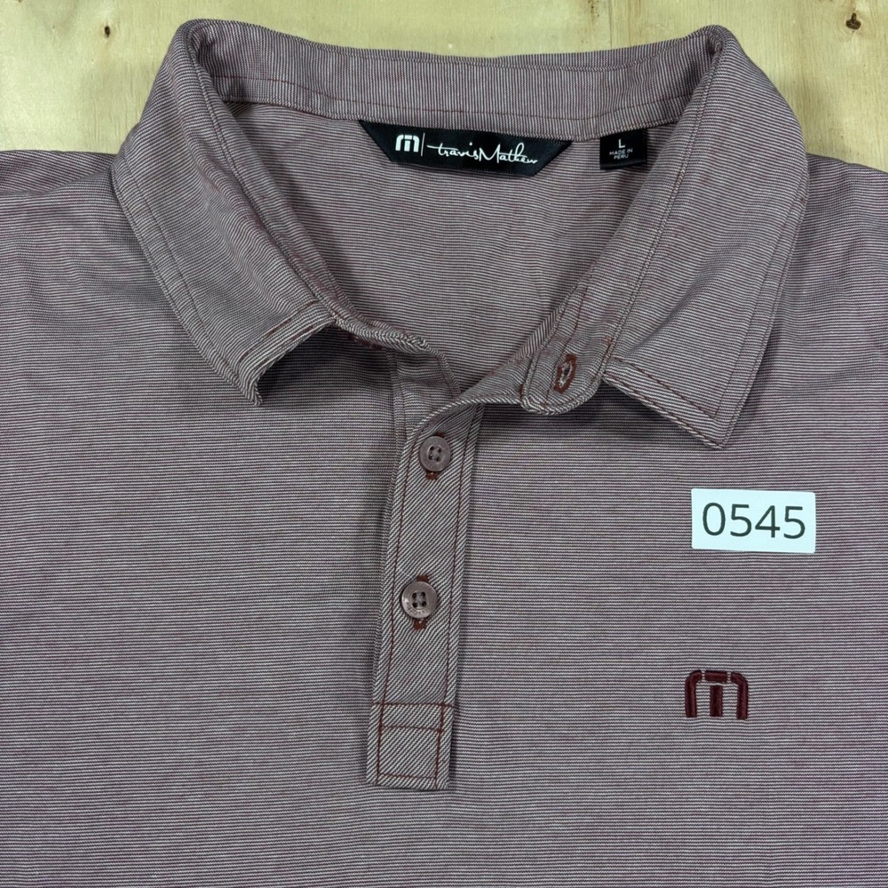 TravisMathew Mens L Burgundy White Micro Stripe Golf Polo Shirt Short Sleeve - Picture 2 of 5